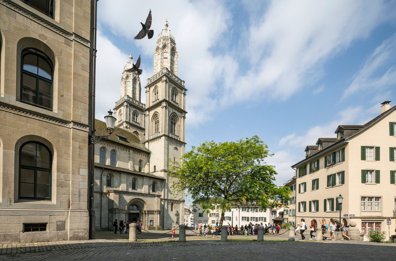 Grossmünster mit zwei Tauben auf den Stadtführungen in Zürich