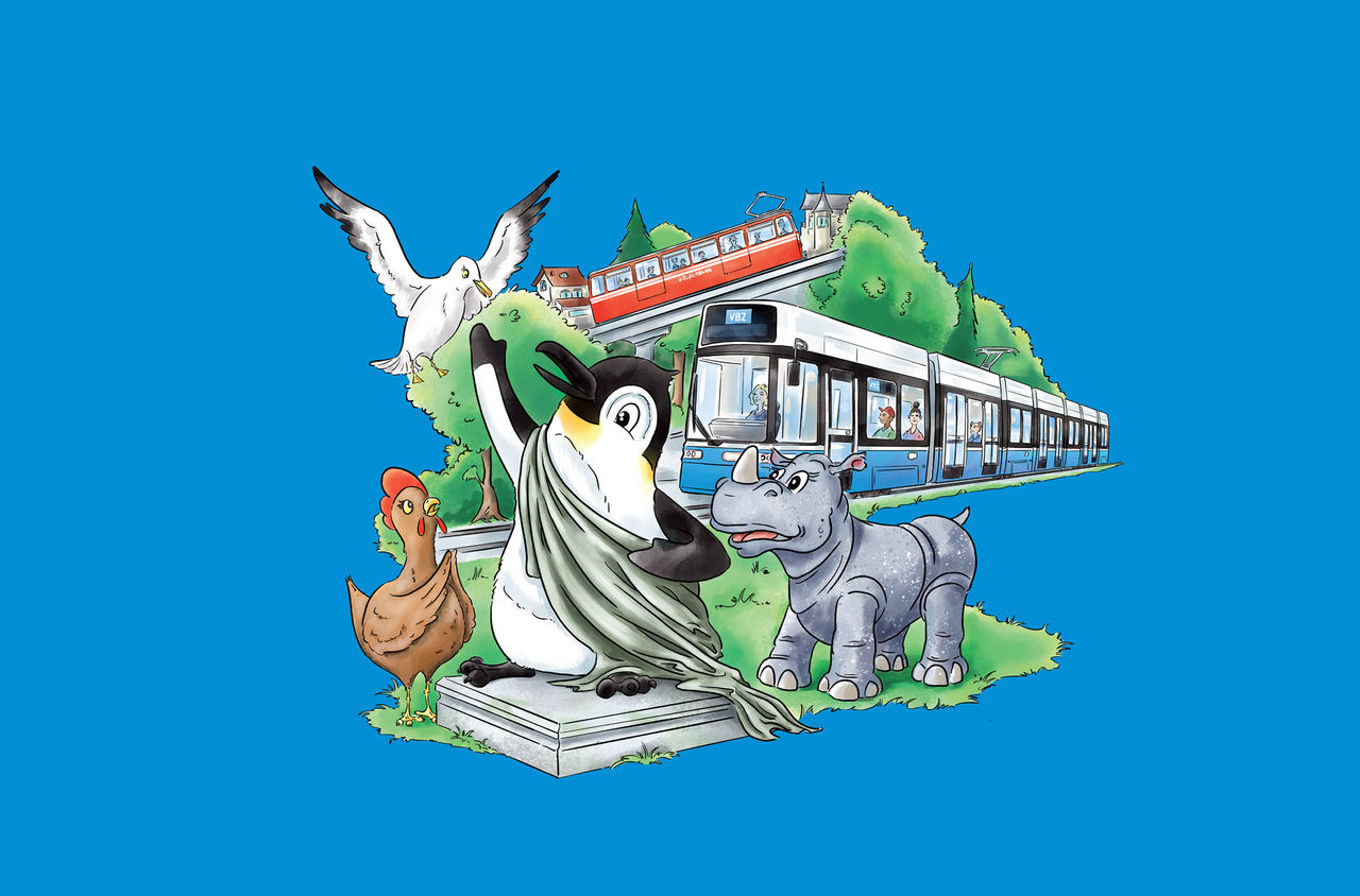 Der Pinguin Ringo reist mit Nashorn Rhina kreuz und quer durch Zürich.